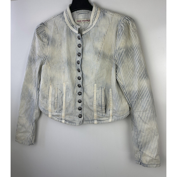 Free People Distressed Factory Bleached Out Indigo Cassie Jacket Crop Medium - Picture 2 of 16